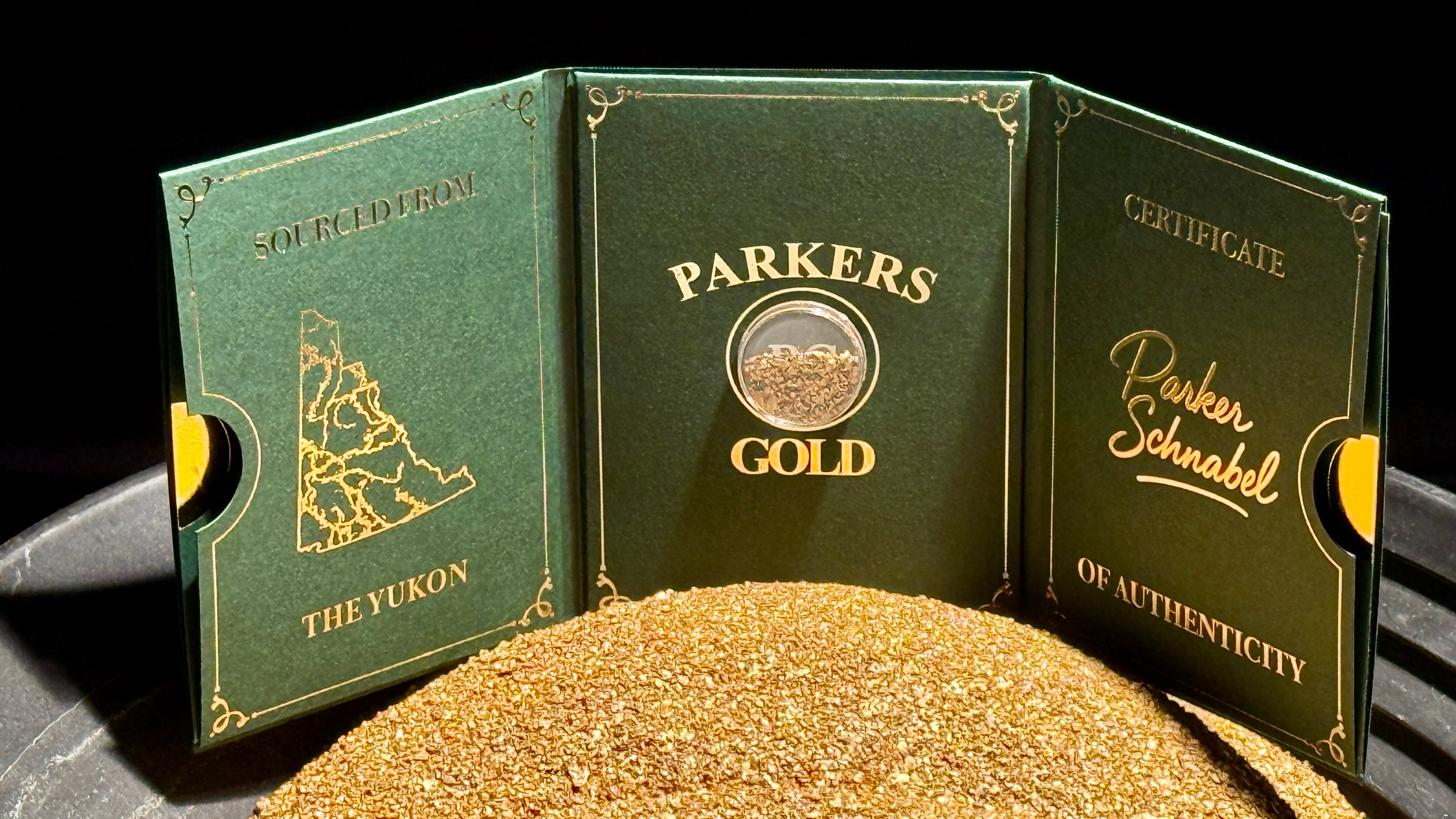 Parker Schnabel Yukon gold flakes Dominion Creek collector package open display