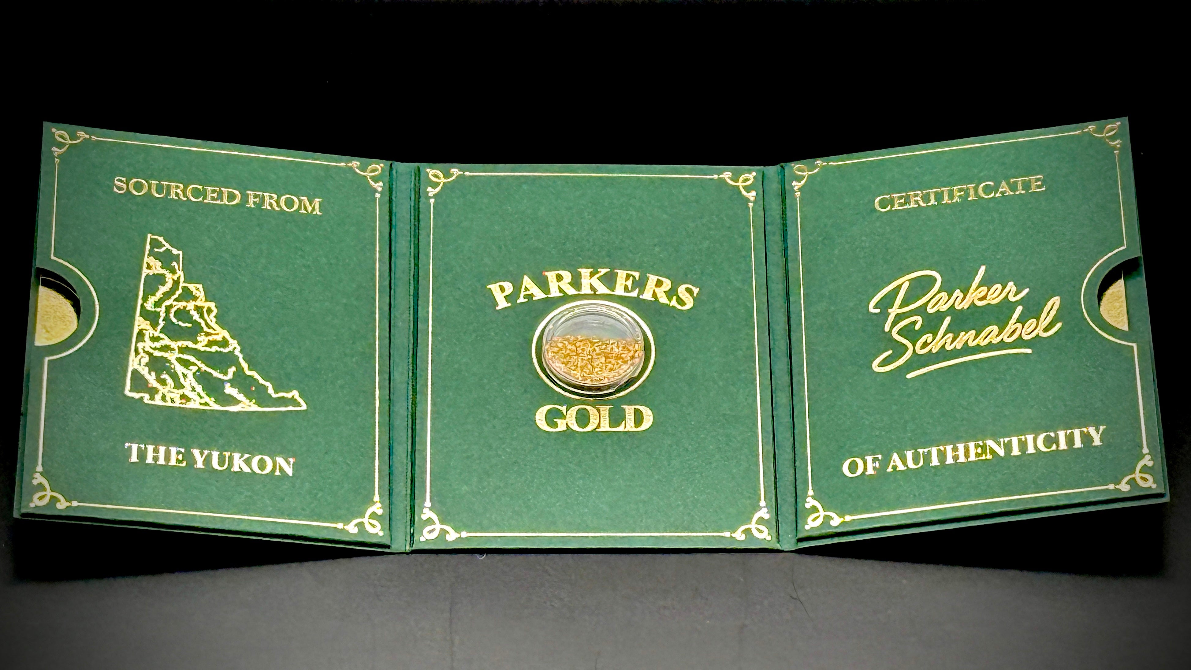 Parker Schnabel Yukon gold flakes Dominion Creek collector package display